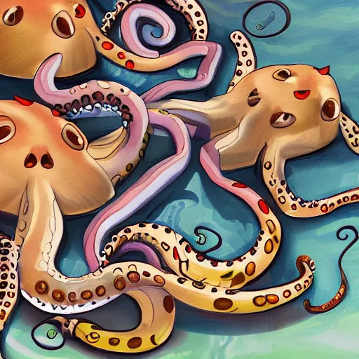 Prompt: octopus and cats fighting for life, digital paintingl