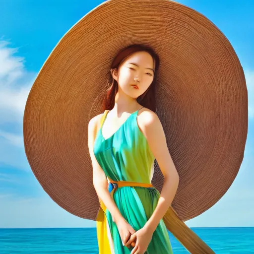 Image similar to a portrait of a young asiatic lady, perfect face, hot summertime hippie, Summer outfit, seafront background , sunny day, perfecly detailed, realistic portrait, perfect design, natural light