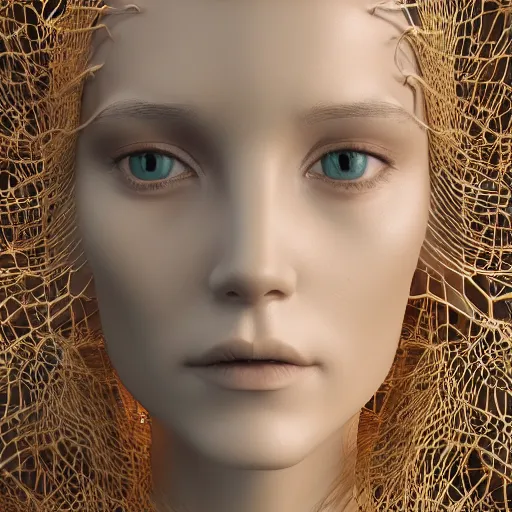 Prompt: complex 3d render ultra detailed of a beautiful porcelain profile woman face, red hazel eyes, vegetal dragon cyborg, 150 mm, beautiful natural soft light, rim light, golden niobium details, pione big leaves and stems, roots, fine lace, maze like, mandelbot fractal, anatomical, facial muscles, cable wires on body, microchip, elegant, white metallic armor, octane render, black and white, H.R. Giger style