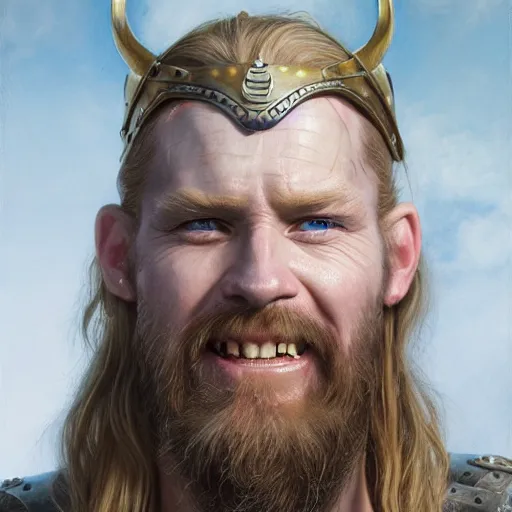 Image similar to an portrait of an happy male viking, long blonde hair, beard, eye scar, lip scar, detailed, centered, digital painting, artstation, concept art, donato giancola, Joseph Christian Leyendecker, WLOP, Boris Vallejo, Breathtaking, 8k resolution, extremely detailed, beautiful, establishing shot, artistic, hyperrealistic, beautiful face, octane render