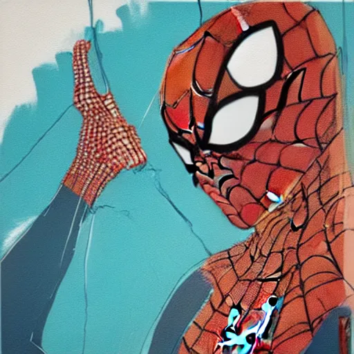 Image similar to Spiderman in orange and turquoise painted by Conrad Roset, detailed brushstrokes