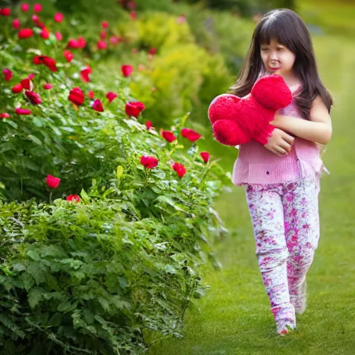 Image similar to a girl walking with her teddy bear in a garden full of red roses