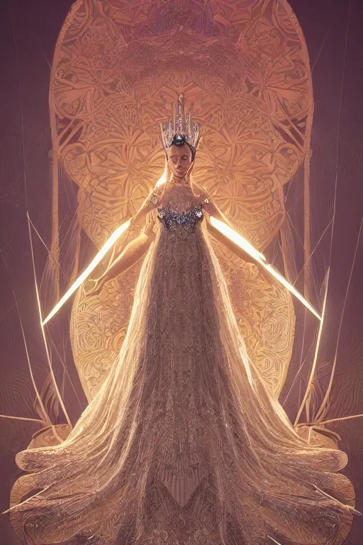 Image similar to beautiful detailed digital illustration of a beautiful female magician , wearing crystal fractal tiara, Symmetrical composition, fantasy long intricate gown, sharp focus, octane render, high quality, 8k, volumetric lighting, color grading, by By James Jean and WLOP and Victo Ngai