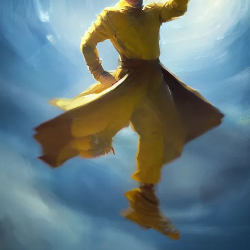 Prompt: yellow eyed blonde boy wearing a brown cape and flying in t pose, closeup, powerful, space background, oil painting, brush strokes, greg rutkowski