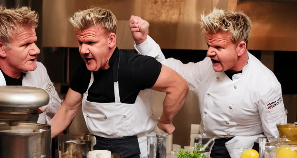 Image similar to photo of angry furious Gordon Ramsay punching Gordon Ramsay at the kitchen