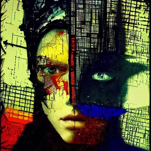 Prompt: portrait of a hooded character wearing a cyberpunk visor, mysterious, shadows, by Guy Denning, by Johannes Itten, by Russ Mills, glitch art, hacking effects, chromatic, color blocking, oil on canvas, concept art, abstract