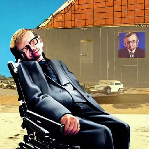 Image similar to Stephen Hawking in GTA 5, cover art by Stephen Bliss, boxart, loading screen