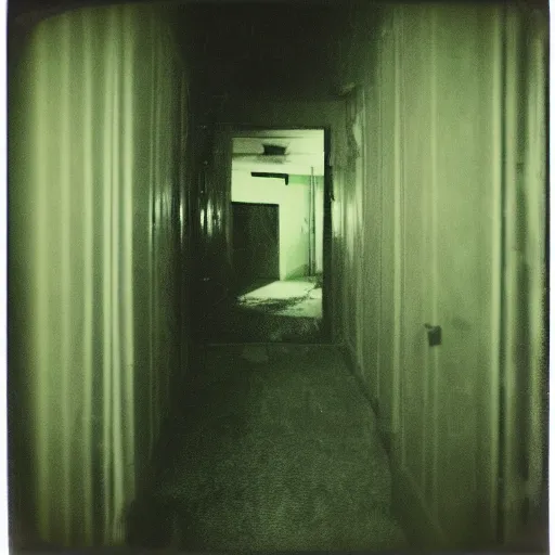 Prompt: a terrifying fungus monster at the end of a hallway, dark!, creepy, nightmare fuel!!!, horror, horrifying, unsettling, uncanny valley!, old polaroid, expired film,