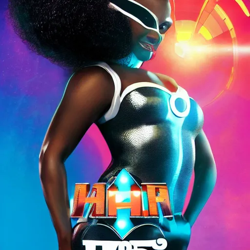 Prompt: a 1950s black superhero queen with an afro wearing thigh high white heels leaps into the time pool on the poster art for this new super hero movie, digital art, concept, high detail 4k