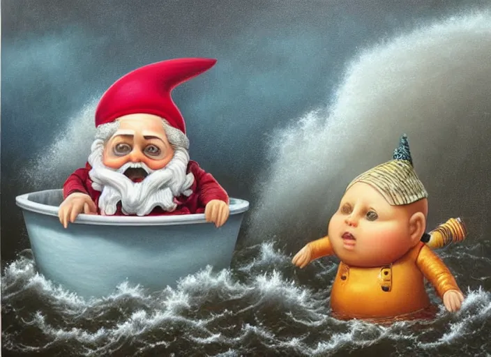 Image similar to a terrified garden gnome sailing in a bucket, background of raging ocean with huge waves on a stormy day with dramatic thunderhead clouds, an ultrafine detailed painting by mark ryden, trending on deviantart, pop surrealism, whimsical, lowbrow, rainy, perfect symmetrical face