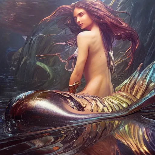 Image similar to a mermaid stuck in a giant puddle of motor oil, ultra realistic, concept art, intricate details, highly detailed, photorealistic, octane render, 8 k, unreal engine. art by artgerm and greg rutkowski and magali villeneuve and alphonse mucha