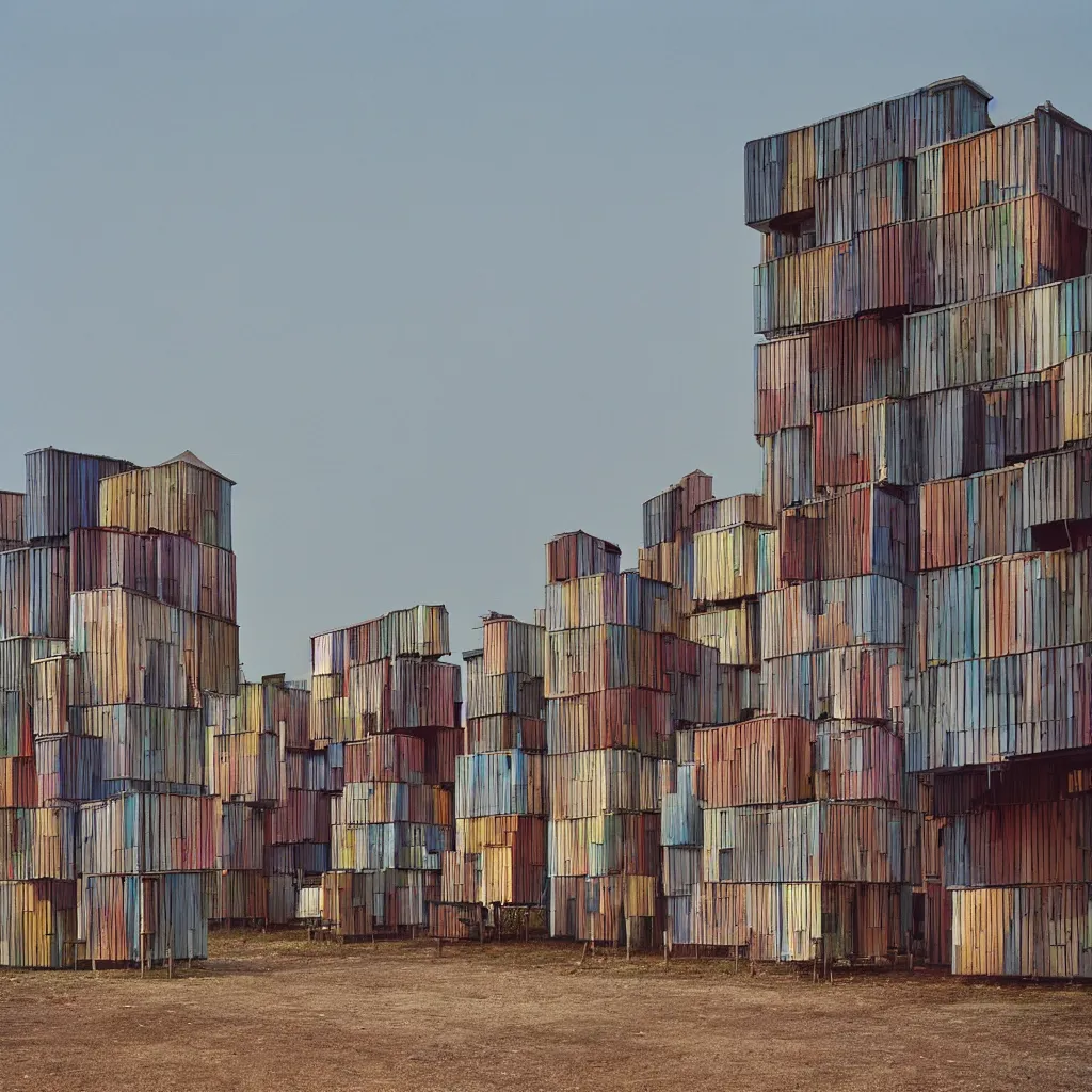 Image similar to towers made up of colourful makeshift squatter shacks, pastel tones, plain uniform sky at the back, misty, mamiya rb 6 7, ultra sharp, very detailed, photographed by ludwig mies van der rohe