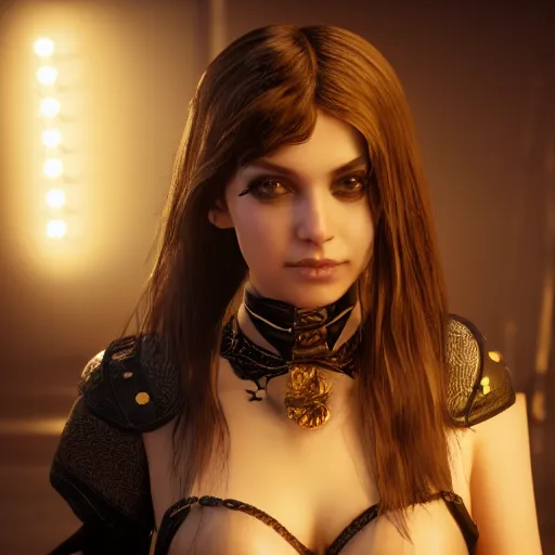 Prompt: a young girl with a pleasant face, black makeup, a long white braid, in a leather corset, ultra - quality, super - detailed work, play of light, ears shine through yellow light, focus unreal engine 5,