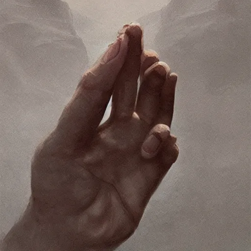 Prompt: Holding hands, vertical symmetry, close up shot, detailed hands, beautiful moody artwork by Greg Rutkowski and Asher Duran