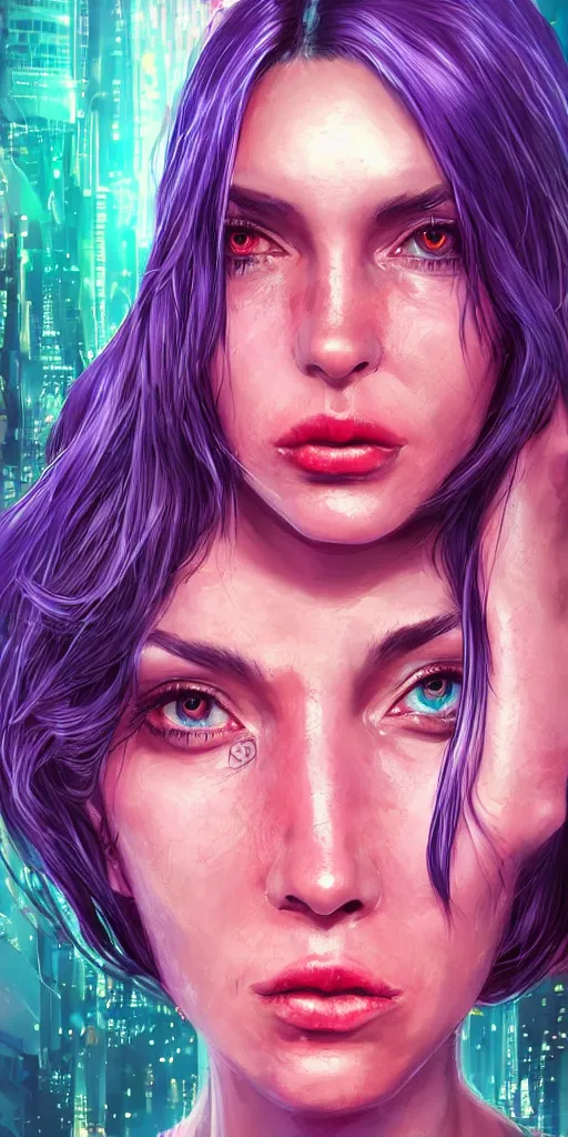 Image similar to A beautiful and detailed portrait of a middle-aged beautiful girl that has bright implants on her face and an angry-desperate look on her eyes. Red eyes trail, bokeh cyberpunk city background, artstation, violet-blue palette, vignette, by artgerm,