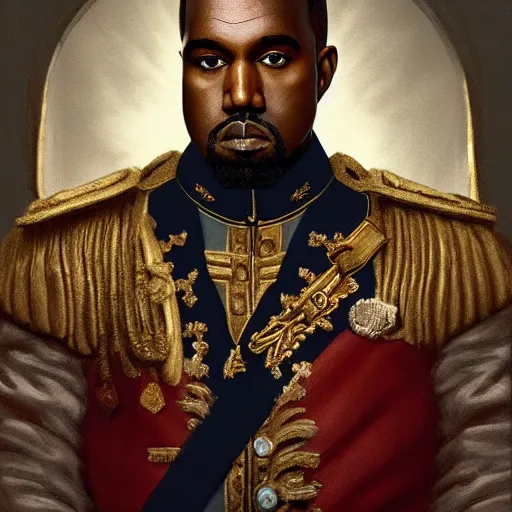 Image similar to Portrait of Kanye West as emperor napoleon, amazing splashscreen artwork, splash art, head slightly tilted, natural light, elegant, intricate, fantasy, atmospheric lighting, cinematic, matte painting, by Greg rutkowski