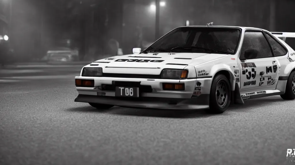 Prompt: realistic takumi fujiwara's toyota ae 8 6 from initial d, cinematic, nikon d 7 5 0, long exposure, white balance, 8 k, led, lumen global illumination, fog, ray tracing reflections, fxaa, rtx, post - production