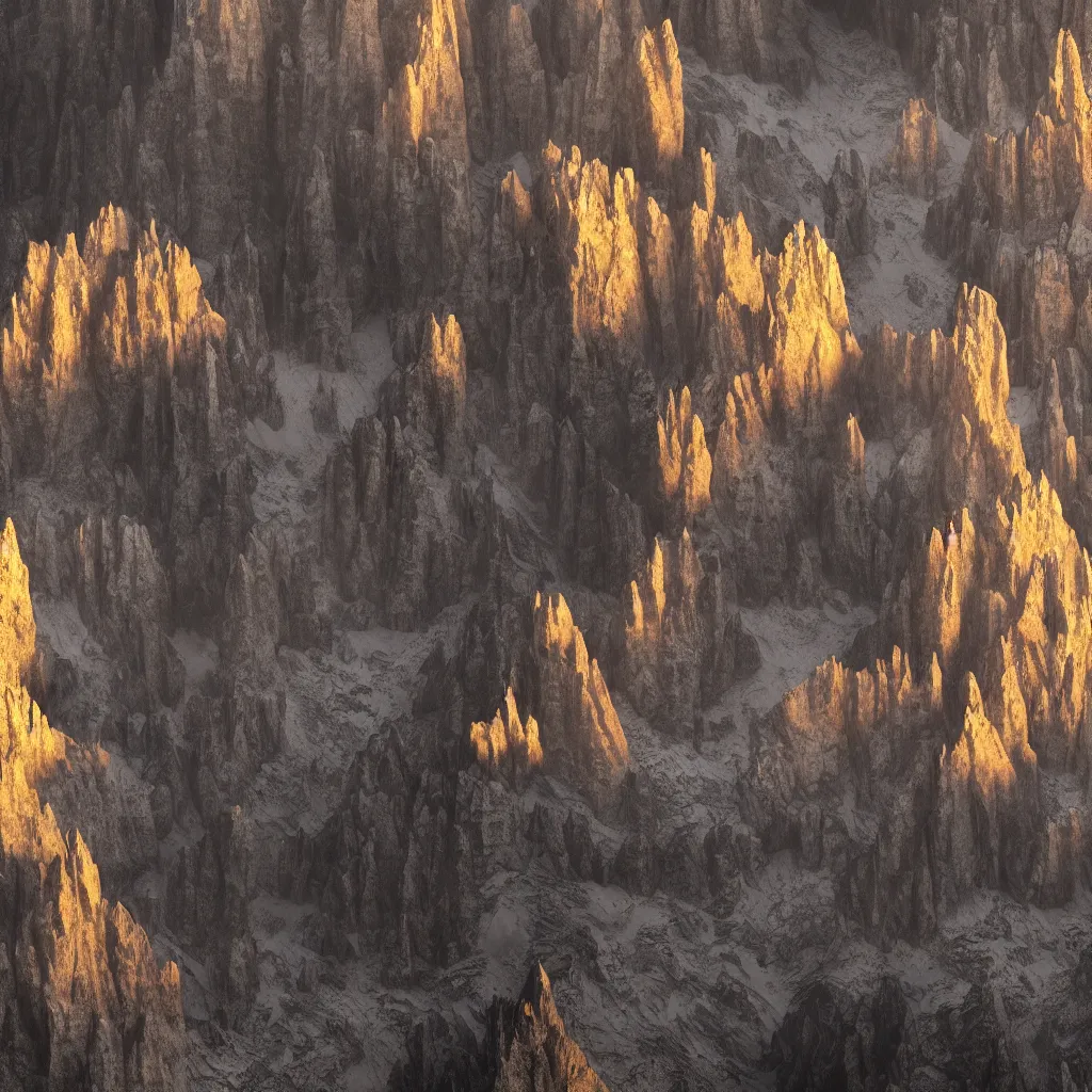 Image similar to dolomites made of gold and iridescent obsidian, volumetric lighting, octane render, magical, dramatic, stunning, cinematic shot 8K HDR 4K very detailed, moody, ambiance