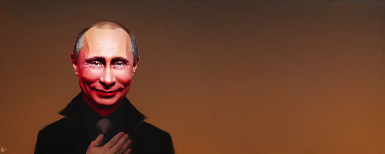 Image similar to in the style of gottfried helnwein. a smiling vladimir putin in red light. from above. shallow focus. wide angle