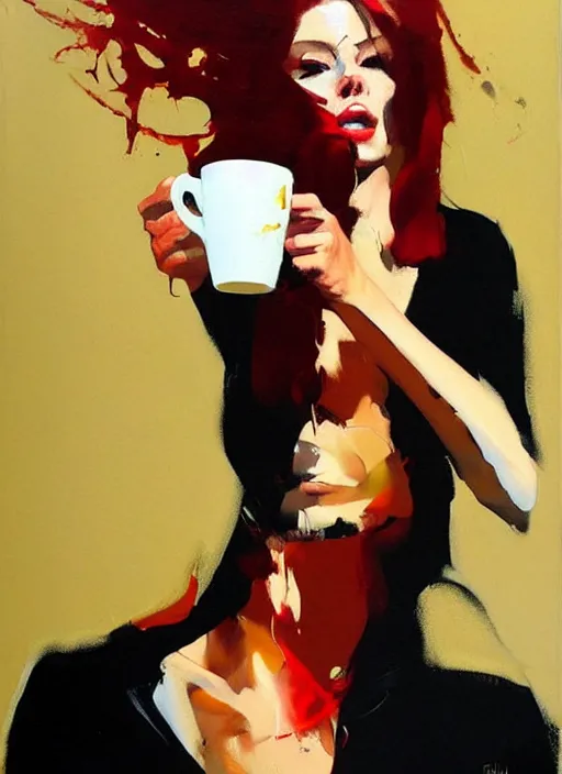 Image similar to red haired woman holding coffee, septum piercing, spilling liquid, enraged, painting by phil hale, 'action lines'!!!, graphic style, visible brushstrokes, motion blur, blurry