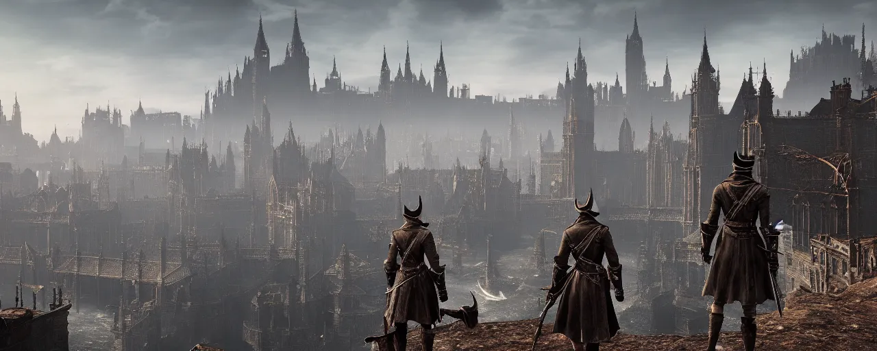 Prompt: a vast landscape with lots of unique landmarks, this is truly a beautiful view, screenshot from bloodborne