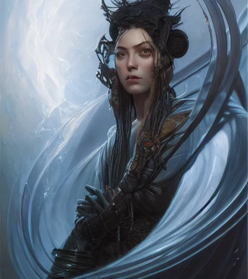 Image similar to portrait of a dark Jedi by karol bak, WLOP, James Jean, tom bagshaw, rococo, trending on artstation, glossy eyes, face, fantasy, intricate, elegant, highly detailed, digital painting, concept art, smooth, sharp focus, illustration, cinematic lighting, hyper realism, octane render, 8k, hyper detailed.