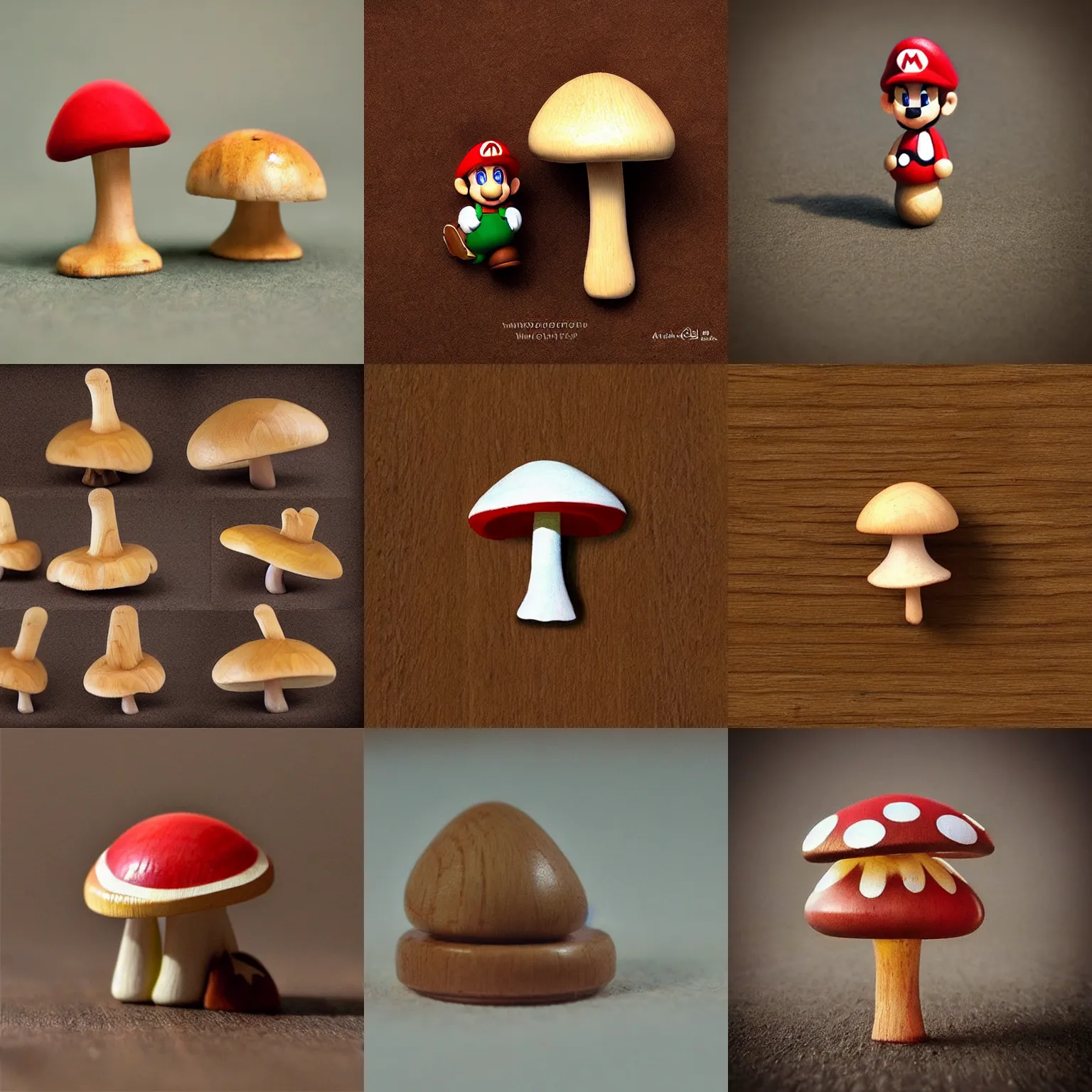 Prompt: a small wooden toy of mushroom from mario, miniature, realistic, wood art. artstation