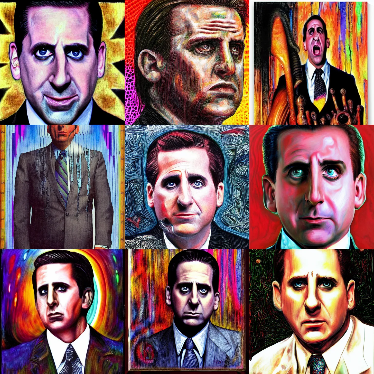 Prompt: michael scott by h. r. giger, vibrant colors