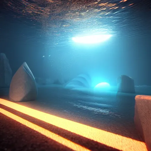 Prompt: 3d render underwater with brilliant lights. Caustics. 8k resolution. Unreal engine. Trending on artstation. Physics simulation.