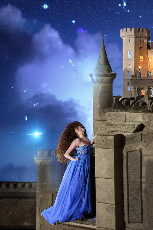 Image similar to a full body tall young female with curly shining hairs in blue dress rounding on a balcony of castle under a falling stars, view from a behind perspective. vfx effects, intricate, elegant, sharp focus, high quality render, many polygons, f 9 5 zone