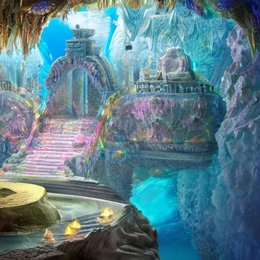 Image similar to unreal engine, octane render, intricate detail, maximalist, gilbert williams portrait of a crystal temple in atlantis, iridescent dolphins swimming in the sea, unicorn flying in the sky, paleozoic atlantis