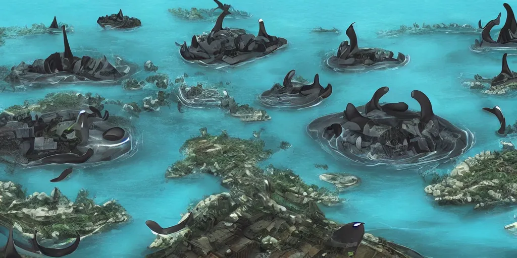 Prompt: civilization underwater created by orcas, submerged city made with coral and rock by killer whales, epic fantasy scifi awe inspiring