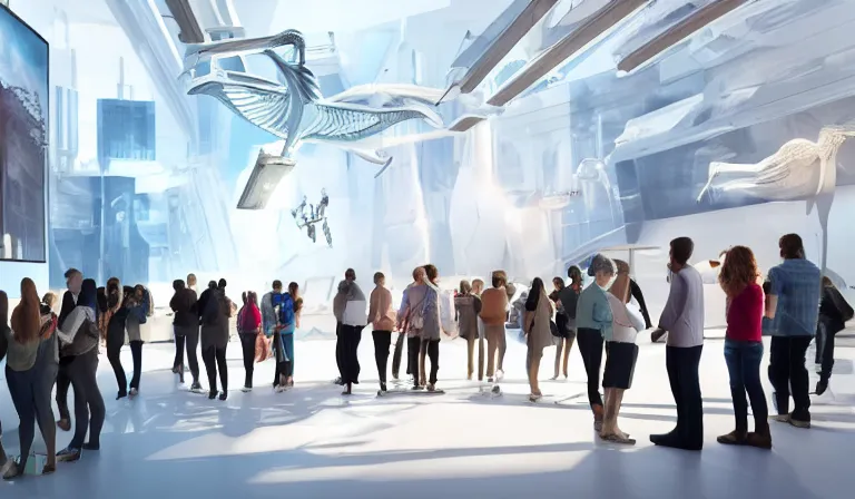 Image similar to crowd of people in simple white museum, looking at hologram of futuristic city on a table, cinematic concept art, godrays, golden hour, natural sunlight, 4 k, clear details, tabletop model buildings, center model buildings, hologram center, crane shot, crane shot, crane shot, white walls