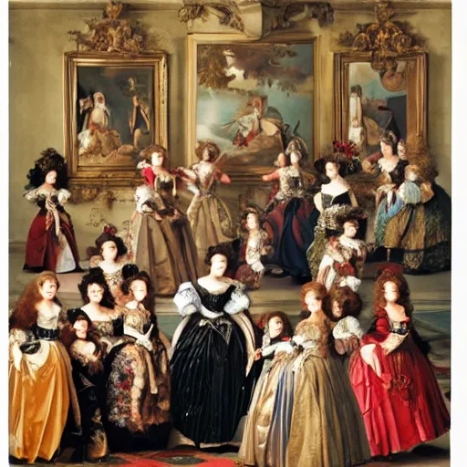 Image similar to Women in baroque dresses, standing in the middle of the room full of toys