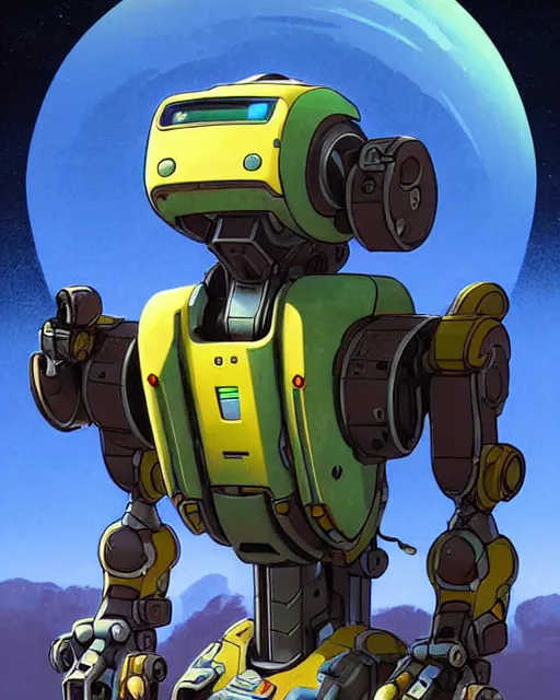 Image similar to bastion the friendly robot from overwatch, with his pet bird, character portrait, portrait, close up, concept art, intricate details, highly detailed, vintage sci - fi poster, retro future, vintage sci - fi art, in the style of chris foss, rodger dean, moebius, michael whelan, katsuhiro otomo, and gustave dore