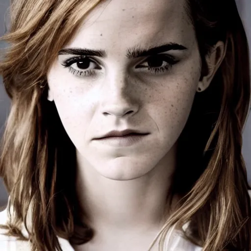 Image similar to photo of emma watson looking disgusted, disappointed, disproving, detailed face, staring in the camera, hd