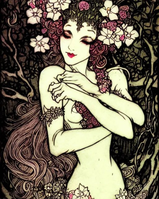 Prompt: burlesque elf, flowers in hair, fantasy character portrait, ultra realistic, concept art, intricate details, art nouveau, japanese woodblock, cinematic, highly detailed by arthur rackham