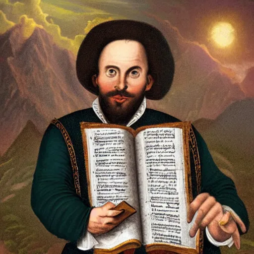 Image similar to shakespeare holding the ten commandments on top of a mountain, digital art