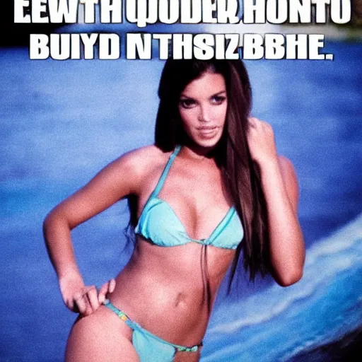 Prompt: meme of a female ghost in bikini, text