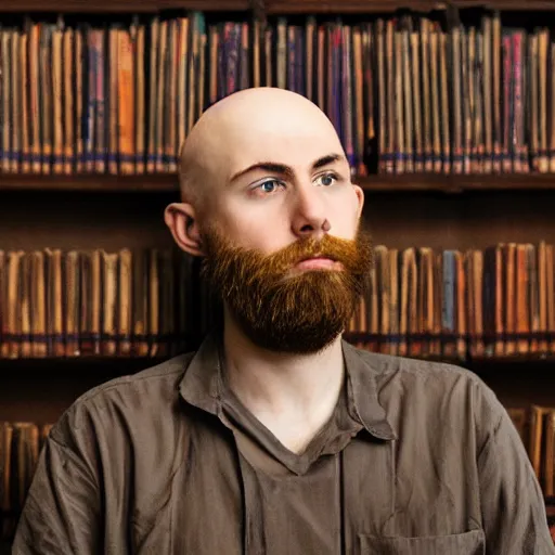 Prompt: 20 year old bald man with a short length full brown beard and vibrant blue eyes sitting with gloom and depression in a dimly lit library with wide shelves. Dark. abstract impressionism.