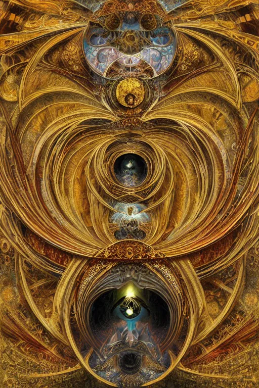 Prompt: Divine Chaos Engine by Karol Bak, Jean Deville, Gustav Klimt, and Vincent Van Gogh, visionary fractal structures, ornate gilded medieval icon, spirals, 8k 3D