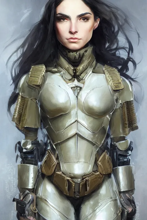 Image similar to a professionally painted portrait of an attractive young woman, clothed in military armor, olive skin, long dark hair, beautiful bone structure, symmetrical facial features, intricate, elegant, digital painting, trending on Artstation, concept art, smooth, sharp focus, illustration, from Metal Gear by Ruan Jia and Mandy Jurgens and Artgerm and William-Adolphe Bouguerea, award winning