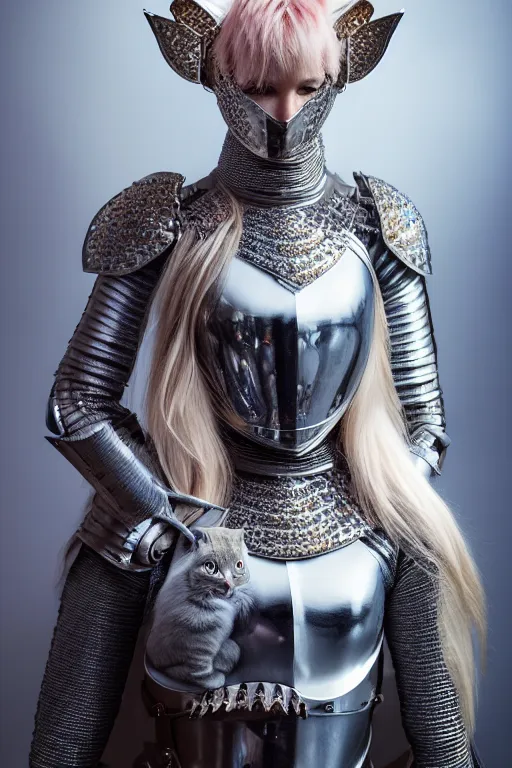 Image similar to female knight wearing a real cat on her head, armor designed by wayne barlowe, swarovski and tiffany, blonde hair, symmetry, sci - fi, cinematic, elegant, luxury, perfect light, perfect composition, dlsr photography, sharp focus, dark fantasy, 4 k, ultra hd, sense of awe, highly detailed, realistic, intricate