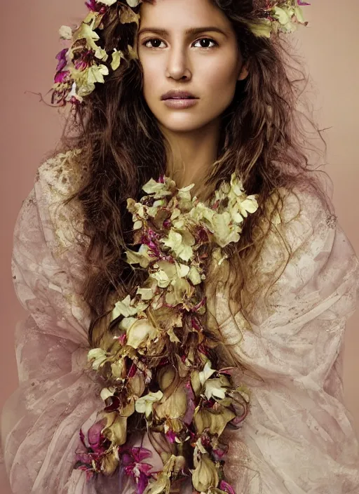 Image similar to an oil on canvas portrait! of Adria Arjona as an ethereal beauty with wavy hair covered by an orchid floral crown. The royal dress is made of intricate gold and silver threads with jewellery, composing complex geometrical patterns, zenithal lighting, shot on 70 mm, by Alina Ivanchenko and Hirothropologie and Patrick DeMarchelier .