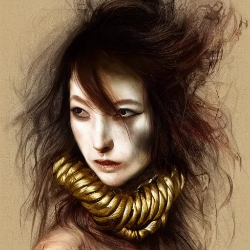 Image similar to portrait of a Shibari rope wrapped face and neck, headshot, insanely nice professional hair style, dramatic hair color, digital painting, of a old 18th century, traveler, amber jewels, baroque, ornate clothing, scifi, realistic, hyperdetailed, chiaroscuro, concept art, art by Franz Hals and Jon Foster and Ayami Kojima and Amano and Karol Bak,