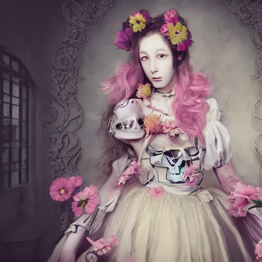 Image similar to 8 k, octane render, realism, tonalism, renaissance, rococo, baroque, cotton candy, creepy young lady wearing long harajuku manga dress with flowers and skulls ( background chaotic flowers )