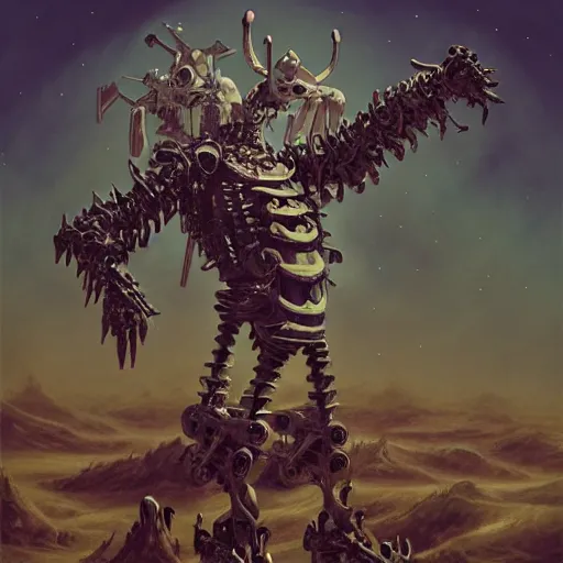 Prompt: A highly detailed monstrous mechanical cowboy made of the bones of dead enemies by Peter Mohrbacher, desert environment background by Kelly Mckernan, trending on artstation, HD, 8k,