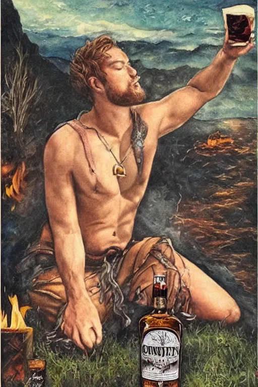 Prompt: a dramatic, epic, ethereal painting of a !!handsome!! thicc mischievous shirtless !!cowboy!! with a beer belly wearing a large belt and bandana offering a whiskey bottle | he is relaxing by a campfire | background is a late night with food and jugs of whisky | homoerotic | stars, tarot card, art deco, art nouveau, intricate | by Mark Maggiori (((and Alphonse Mucha))) | trending on artstation