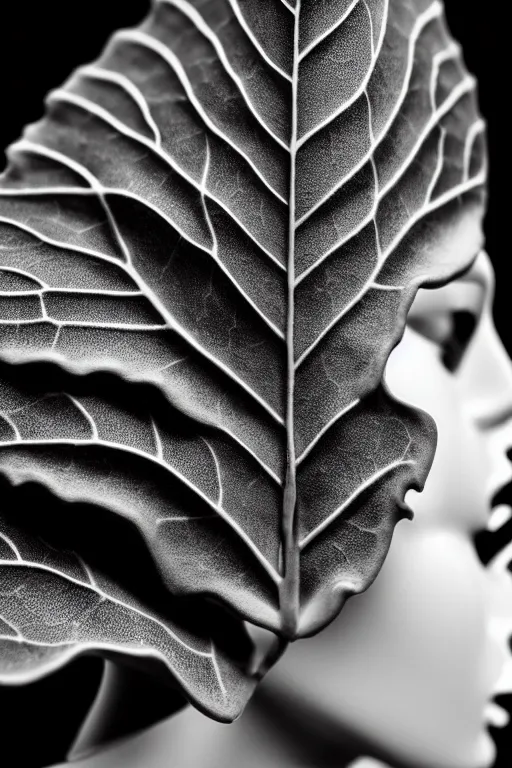 Image similar to monochrome close - up profile face black background beautiful young porcelain vegetal, dragon, cyborg, female 1 5 0 mm beautiful leaves, hyperdetailed, intricate, 8 k, low key