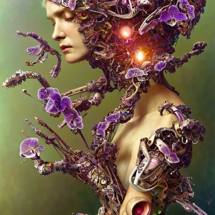 Prompt: partially deconstructed psychedelic organic cyborg orchid, diffuse lighting, fantasy, intricate, elegant, highly detailed, lifelike, photorealistic, digital painting, artstation, illustration, concept art, smooth, sharp focus, art by John Collier and Albert Aublet and Krenz Cushart and Artem Demura and Alphonse Mucha